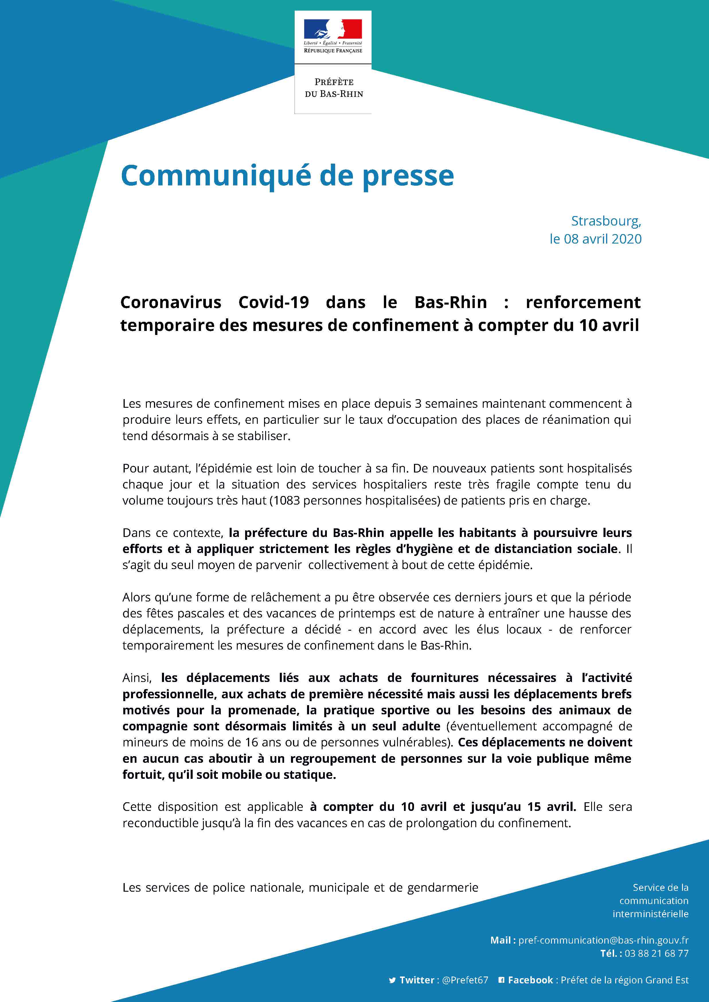 CP Coronavirus Codiv 19 renforcement des mesures de déplacement dans le Bas Rhin Page 1