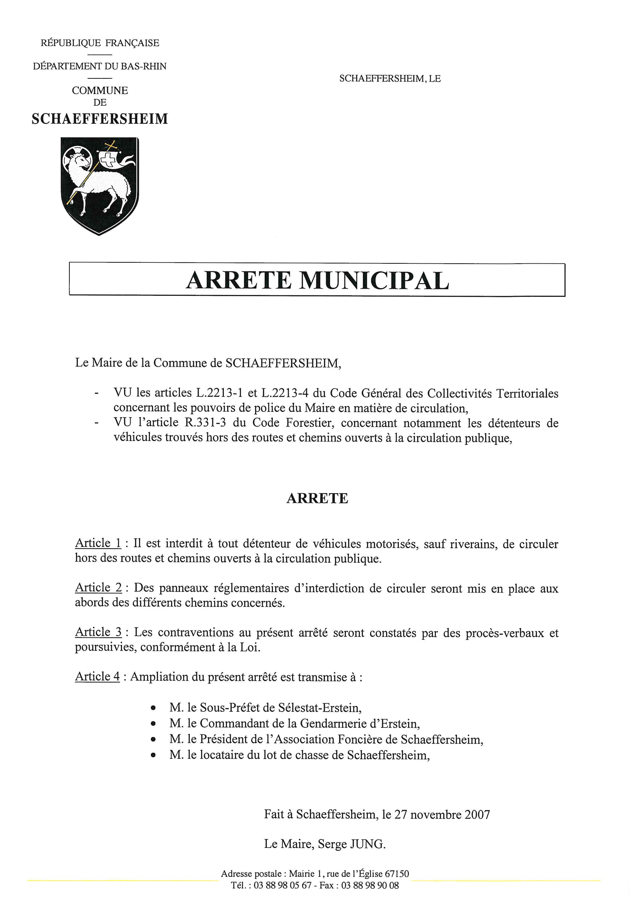 Arrêté Municipal du 27 novembre 2007